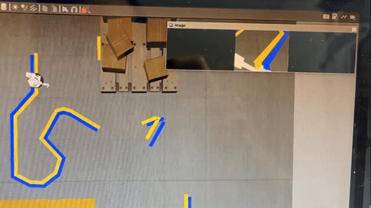 Camera view of the self-driving robot following colored tracks.
